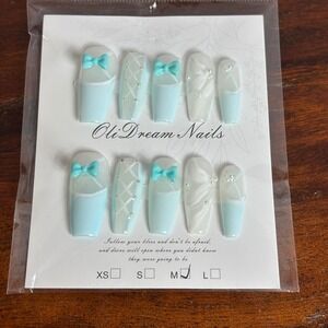 OliDream Nails Light Blue White Bow Rhinestone Press On Nails Set